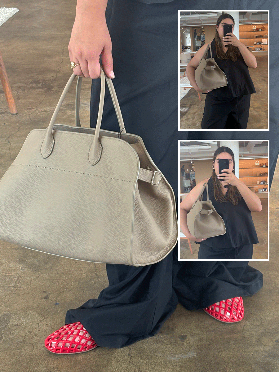 Editor Ana Escalante trying on and styling The Row Margaux 15 bag in taupe.