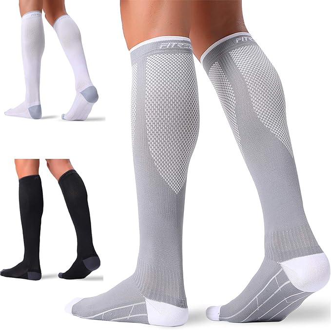 FITRELL, Fitrell 3 Pairs Compression Socks for Women and Men 20-30mmhg- Circulation and Muscle Support Socks for Travel, Running, Nurse, Knee High, Medical Black+white+grey L/xl