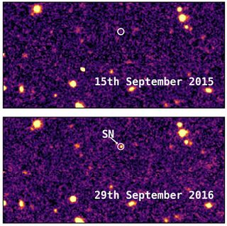The superluminous supernova DES16C2nm flares up as a glowing dot in a region of space that had previously been dark.