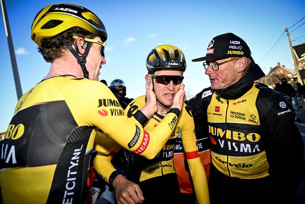 Belgian Nathan Van Hooydonck of JumboVisma and Belgian Tiesj Benoot of JumboVisma celebrate after winning the KuurneBrusselsKuurne one day cycling race 193 km from Kuurne to Kuurne via Brussels in Kuurne on February 26 2023 Photo by JASPER JACOBS Belga AFP Belgium OUT Photo by JASPER JACOBSBelgaAFP via Getty Images