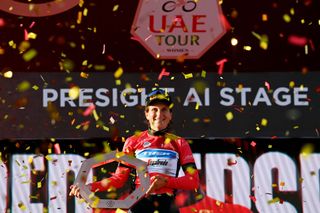 Elisa Longo Borghini clad in the winner's jersey of the 2023 UAE Tour