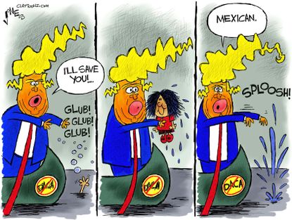 Political cartoon U.S. Trump dunking DACA