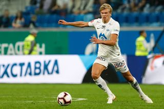 Erling Braut Haland of Molde FK in action during the UEFA Europa League play-offs first leg match between FC Zenit Saint Petersburg and Molde FK on August 23, 2018 at Saint Petersburg Stadium in Saint Petersburg, Russia. (Photo by Mike Kireev/NurPhoto via Getty Images) Manchester United