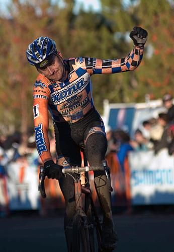 Bend Resident Ryan Trebon (Kona-FSA) waves to the faithful home town crowd as he crosses the line in second place.