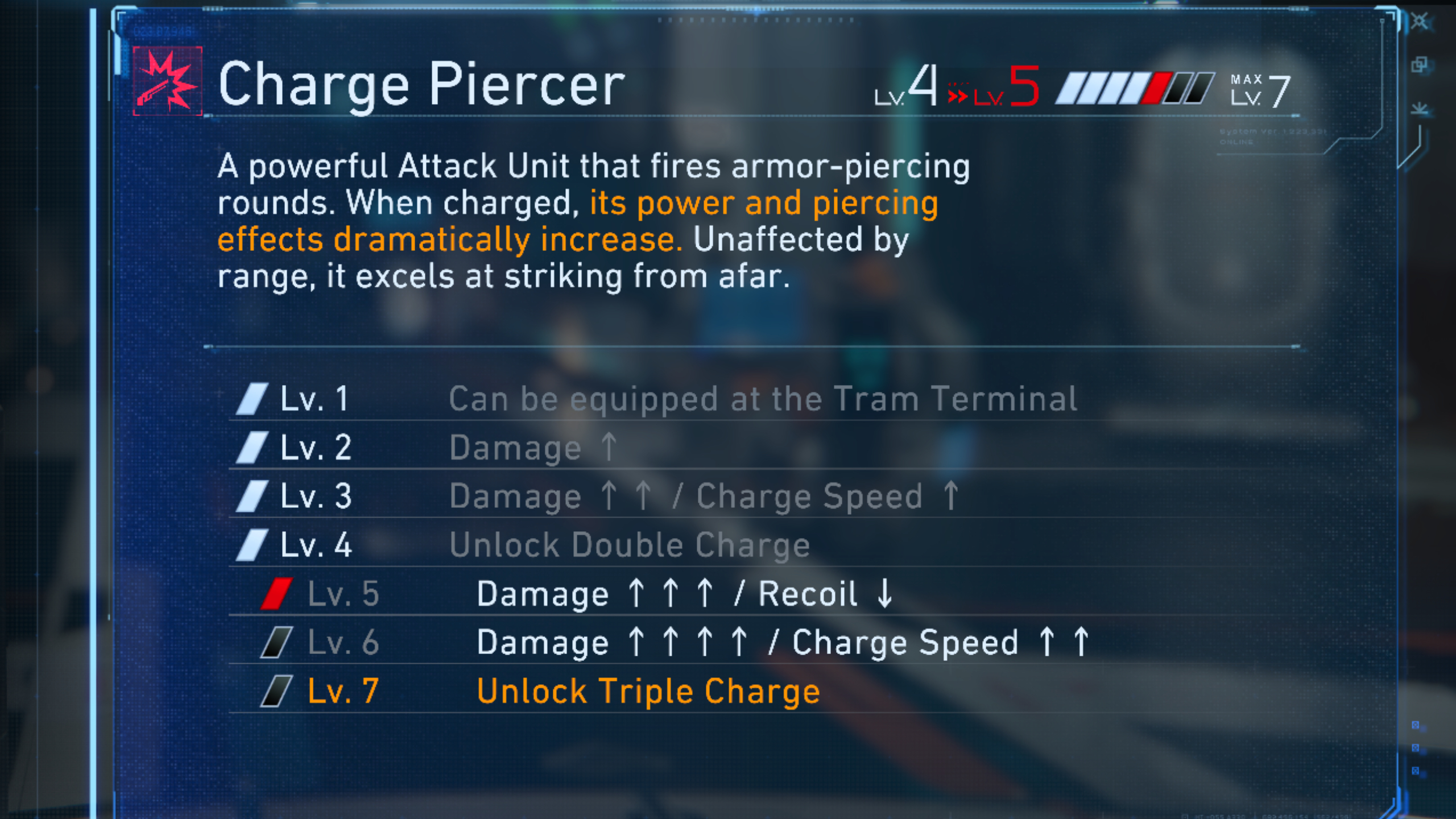 Pragmata weapons: The Charge Piercer viewed in the upgrade screen, giving a brief description of the gun and what's improved at each level.