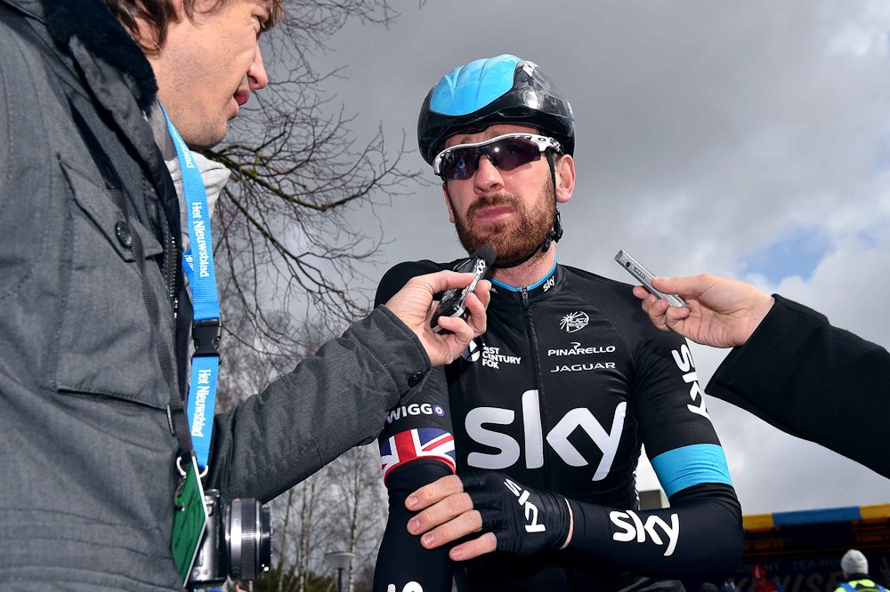 Bradley Wiggins talks with the media