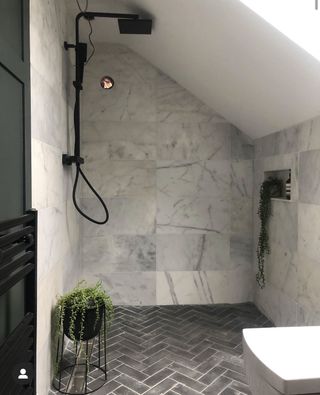 shower storage ideas wall niche in grey bathroom @placefortyeight