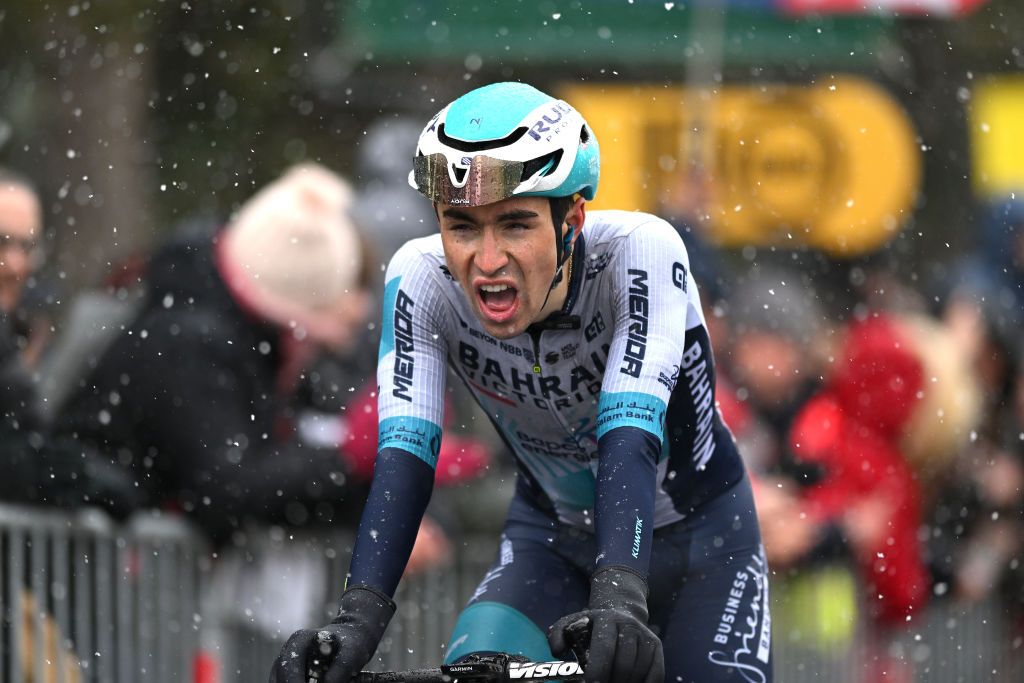 AURON FRANCE MARCH 15 Lenny Martinez of France and Team Bahrain Victorious crosses the finish line during the 83rd Paris Nice 2025 Stage 7 a 1093km stage from Nice to Auron 1603m UCIWT on March 15 2025 in Auron France Photo by Dario BelingheriGetty Images