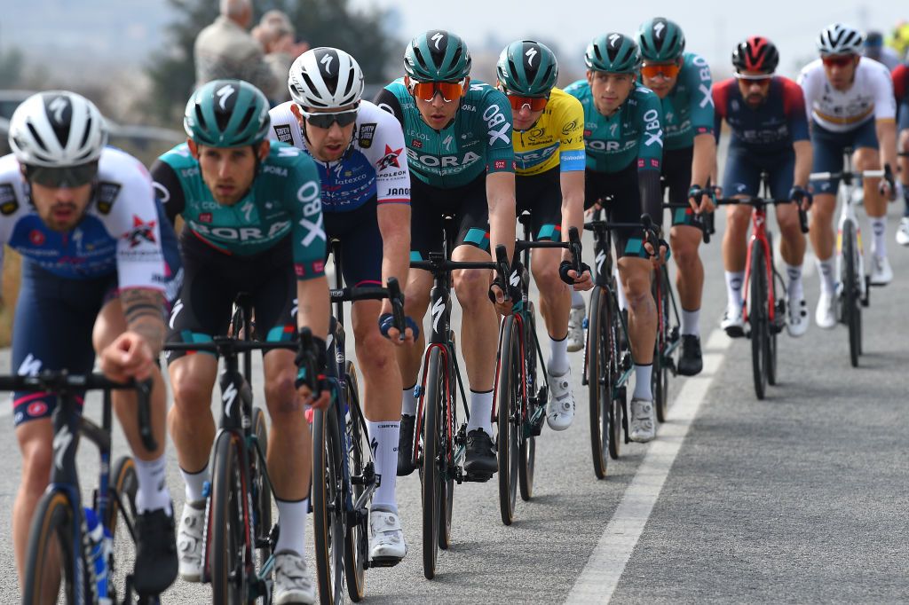 TORREVIEJA SPAIN FEBRUARY 05 LR Patrick Gamper of Austria and Aleksander Vlasov of Russia and Teamm Bora Hansgrohe yellow leader jersey compete during the 73rd Volta A La Comunitat Valenciana 2022 Stage 4 a 1931km stage from Orihuela to Torrevieja VCV2022 on February 05 2022 in Torrevieja Spain Photo by Dario BelingheriGetty Images