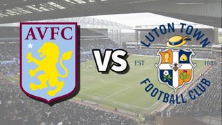 The Aston Villa and Luton Town club badges on top of a photo of Villa Park stadium in Birmingham, England
