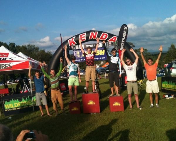 Singlespeed podium at the 2012 Shenandoah Mountain 100: Rich Kidd 6th, Matt Ferrari 4th, Gordon Wadsworth 3rd, Patrick Blair 1st, Ron Harding 2nd, Kelly Klett 5th, David Yacobelli 7th