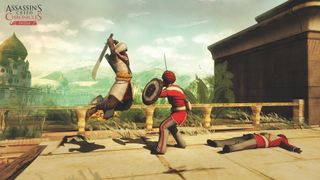 Assassin's Creed Chronicles India screenshot the protagonist leading into the air with his sword posed to land a hit against a foe