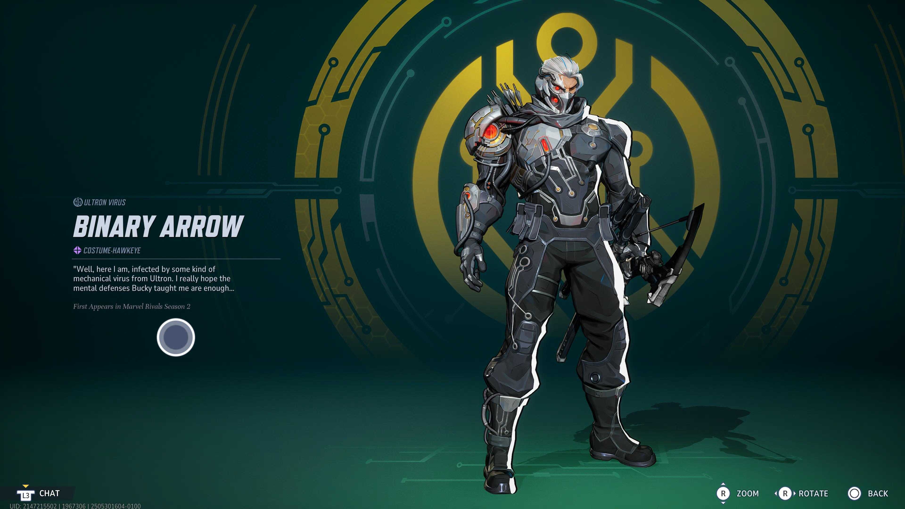 The Hawkeye Binary Arrow skin next to some lore about the character