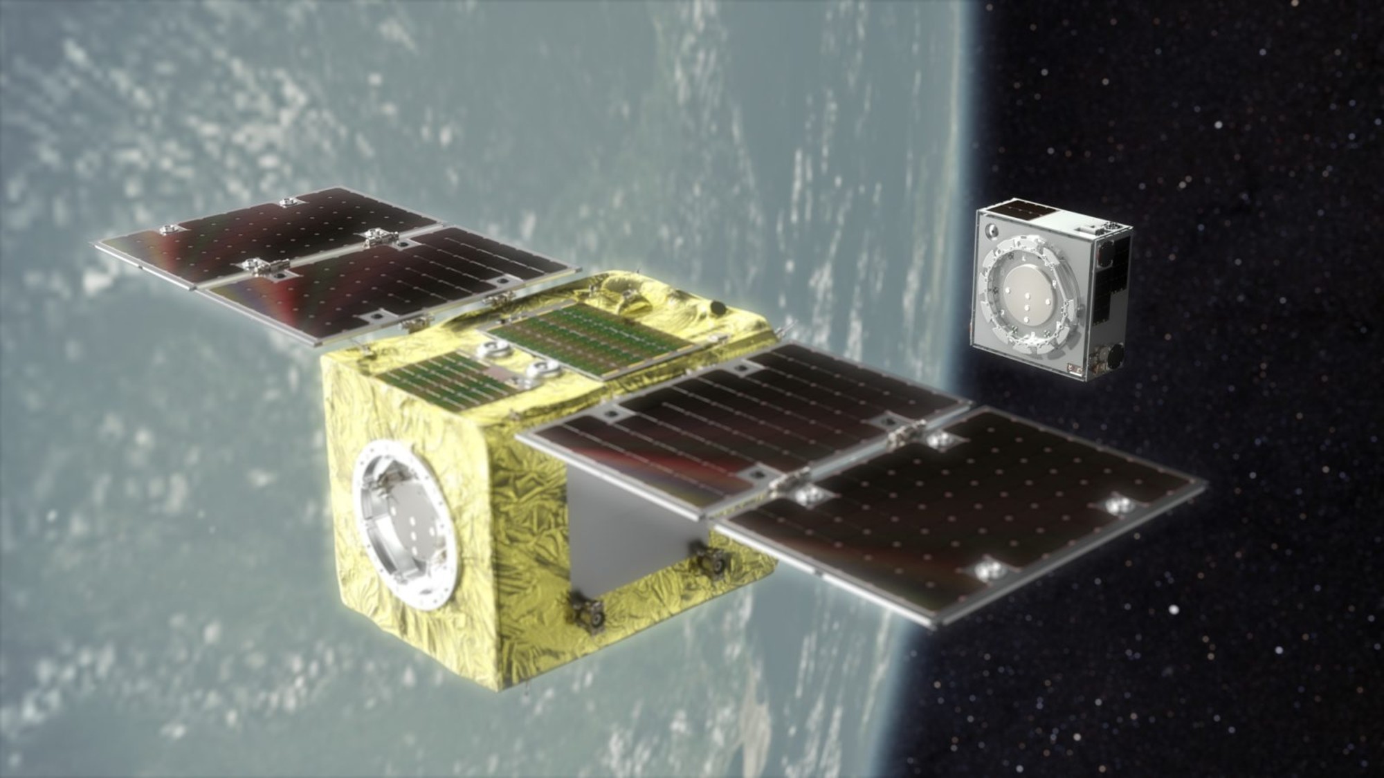 a cube-shaped spacecraft with two wing-like solar panels above earth
