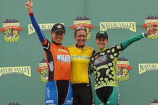 The Nature Valley Grand Prix podium after stage 1: Alison Powers (2nd), Kristin Armstrong (1st), and Erin Willock (3rd).