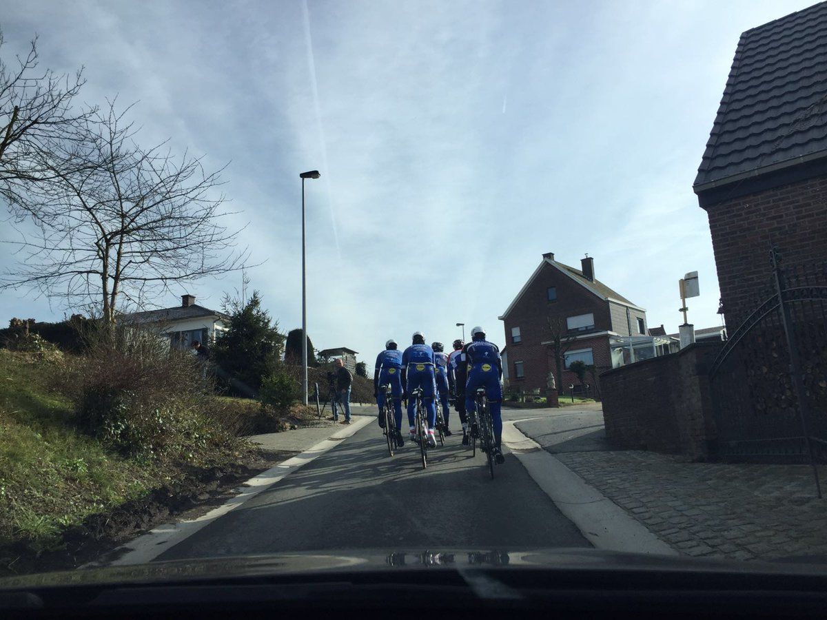 The Etixx-QuickStep riders take on a steep little climb