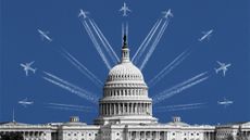 Photo collage of the US Capitol building with many planes taking off behind it, fanning out in a symmetrical formation, similar to an airshow
