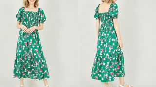 model wearing Oasis Green Floral Midi Dress