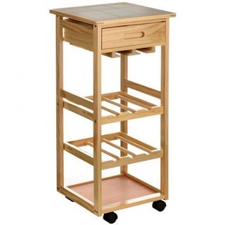 A wooden kitchen trolley on wheels with 3 open shelves and a drawer.