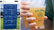 A board with US Open prices and a close up of a beer