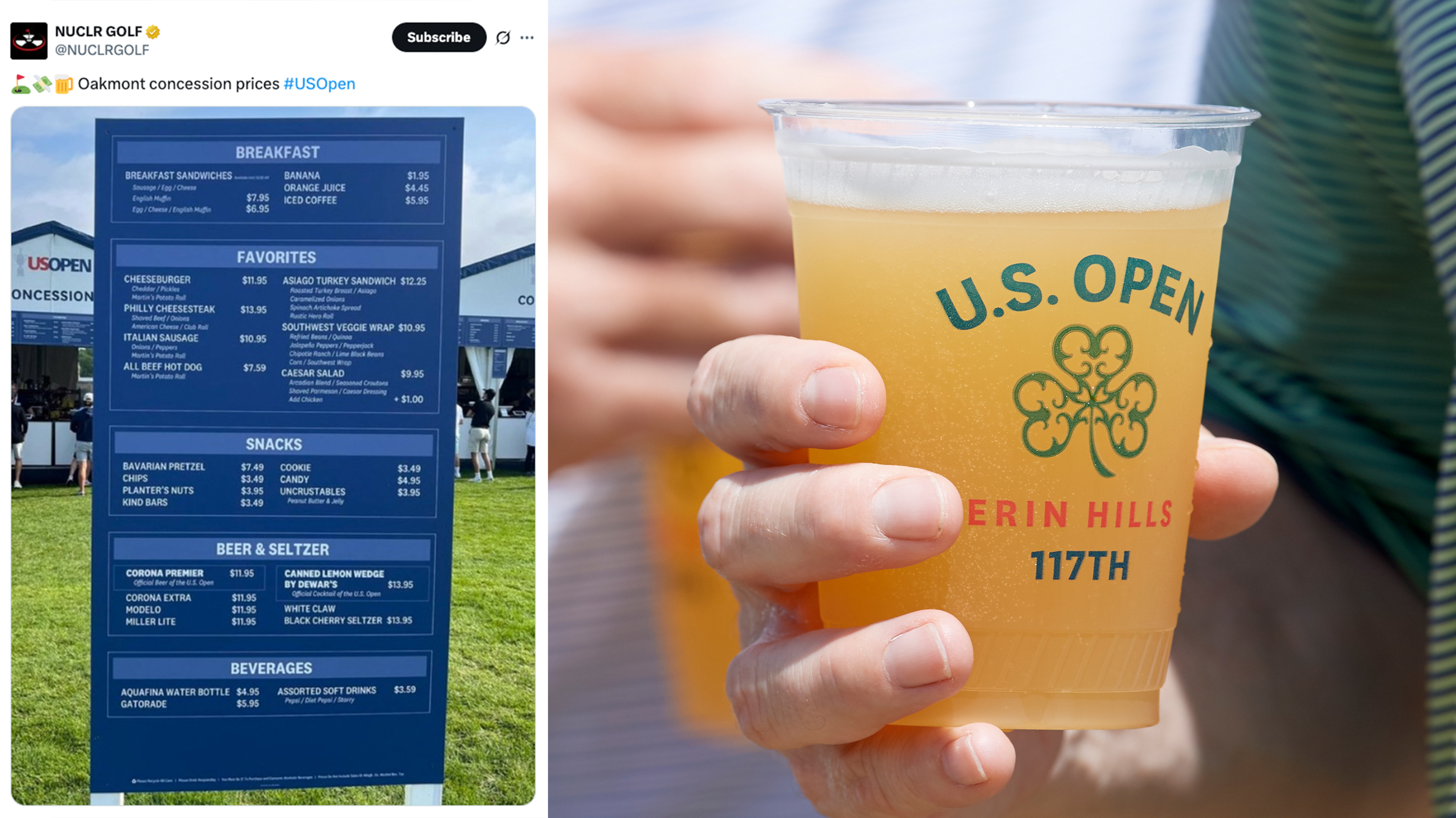 A board with US Open prices and a close up of a beer