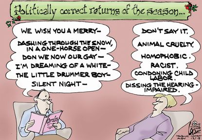 Editorial cartoon U.S. politically correct holiday season Christmas songs racist sexist homophobic sensitivity