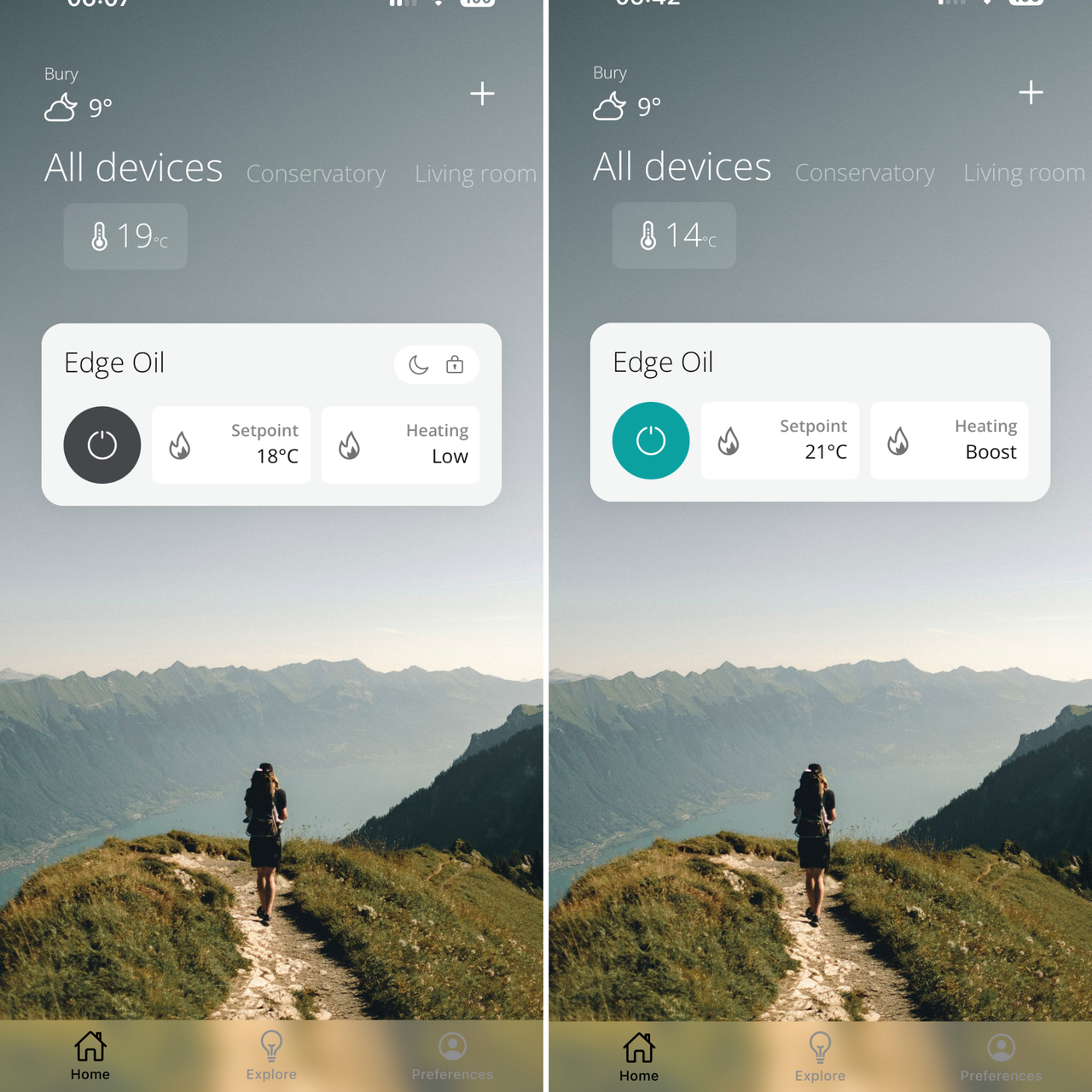 home screen image of the Duux app showing connected devices, with background lifestyle image showing hiker walking