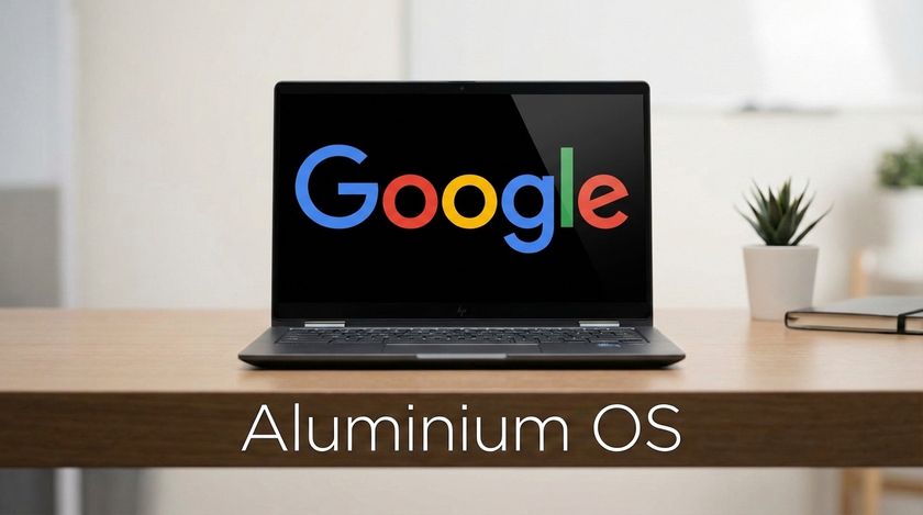 Google logo on an HP Chromebook laptop with the words Aluminium OS overlayed at the bottom.