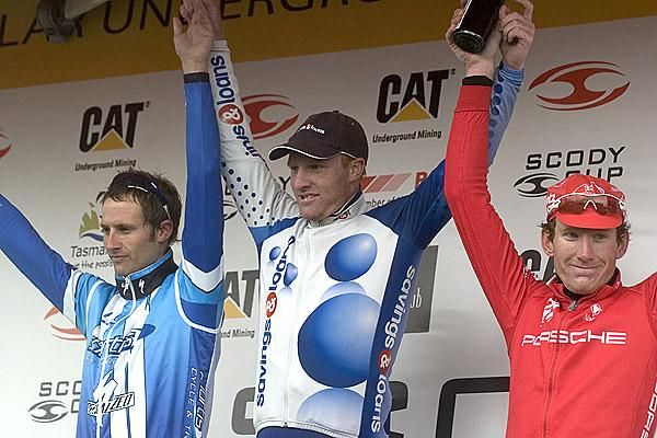 Stage four podium (l-r): Mitchell Pearson (2nd,Shortis Cycle &amp; Tri-Avanti Plus), Joel Pearson (1st,Savings and Loans), and Zak Dempster (3rd, Drapac Porsche).