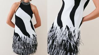 black and white feathered Christmas dress