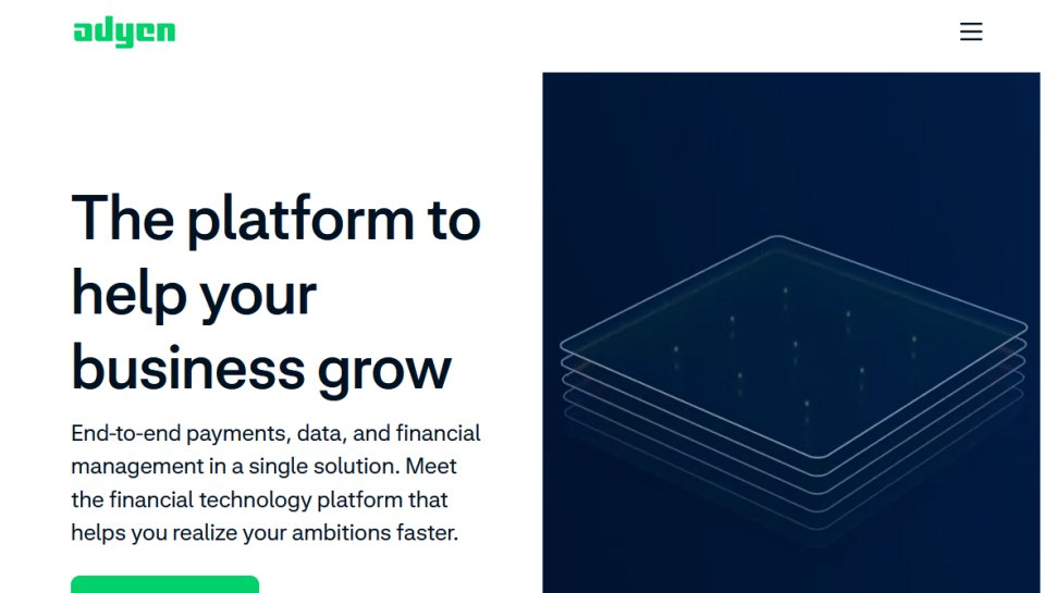 Adyen website screenshot (February 2026).