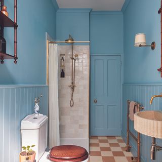 Traditional blue abthroom with tiled shower