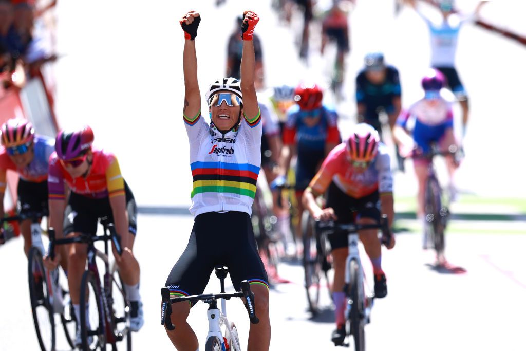 MADRID SPAIN SEPTEMBER 11 Elisa Balsamo of Italy and Team Trek Segafredo celebrates at finish line as stage winner ahead of Lotte Kopecky of Belgium and Team SDWorx and Marta Bastianelli of Italy and UAE Team ADQ during the 8th Ceratizit Challenge By La Vuelta 2022 Stage 5 a 957km stage from Madrid to Madrid CERATIZITChallenge22 UCIWWT on on September 11 2022 in Madrid Spain Photo by Gonzalo Arroyo MorenoGetty Images