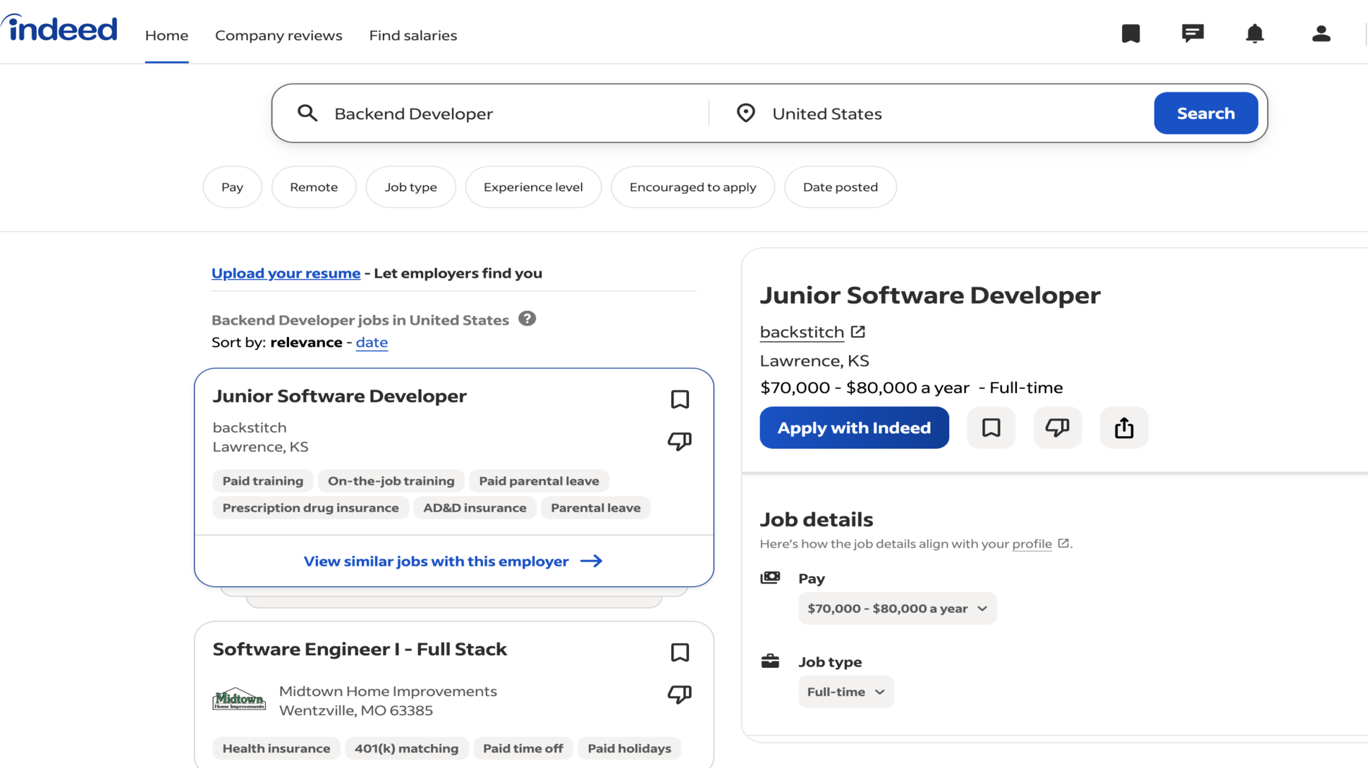 A sample job listings page on Indeed
