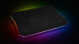 Laptop cooling pad with an RGB light strip around the edge, on a black background and one fan in the middle.
