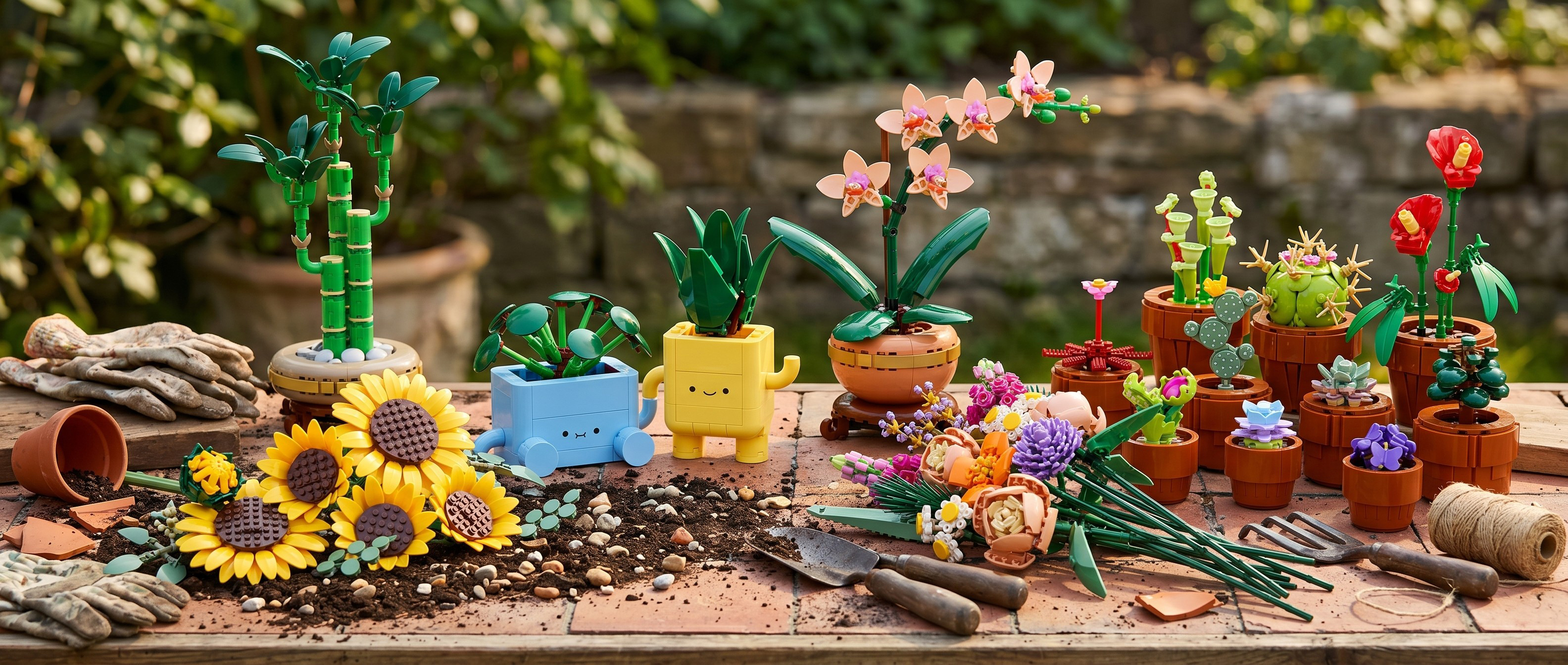 Selection of Lego botanicals sets in a real garden setting, with soil and plant pots