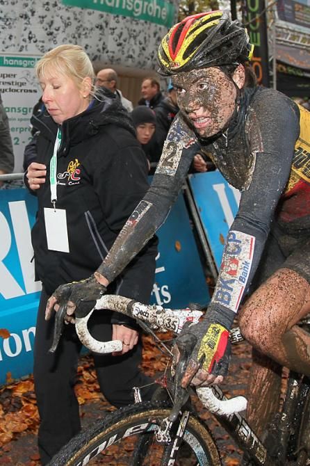 A mud-caked Sanne Cant finished third at Superprestige Gavere