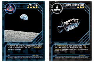 Example "Mission" and "Spacecraft" cards from the "Space Heroes: Journey to Space" trading card game.