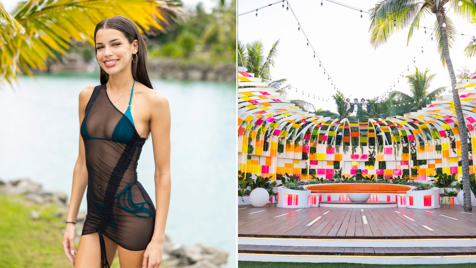 A split image of Kayda Bosse from 'Love Island USA' season 8 and the villa fire pit.