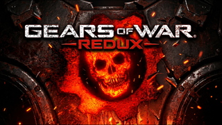 Gears of War: Redux logo displayed over a glowing crimson Crimson Omen skull emblem with fiery sparks and weathered metal armor plating in the background.
