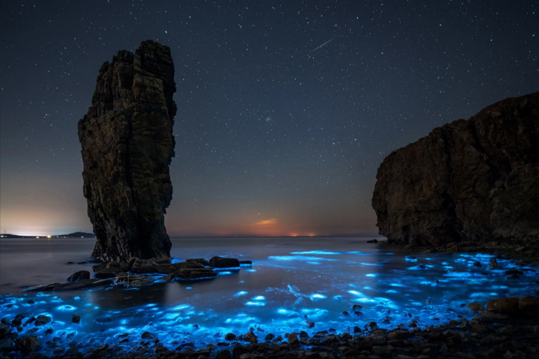 Bioluminescent waves illuminate rocky coastline under starry night sky in Japan.