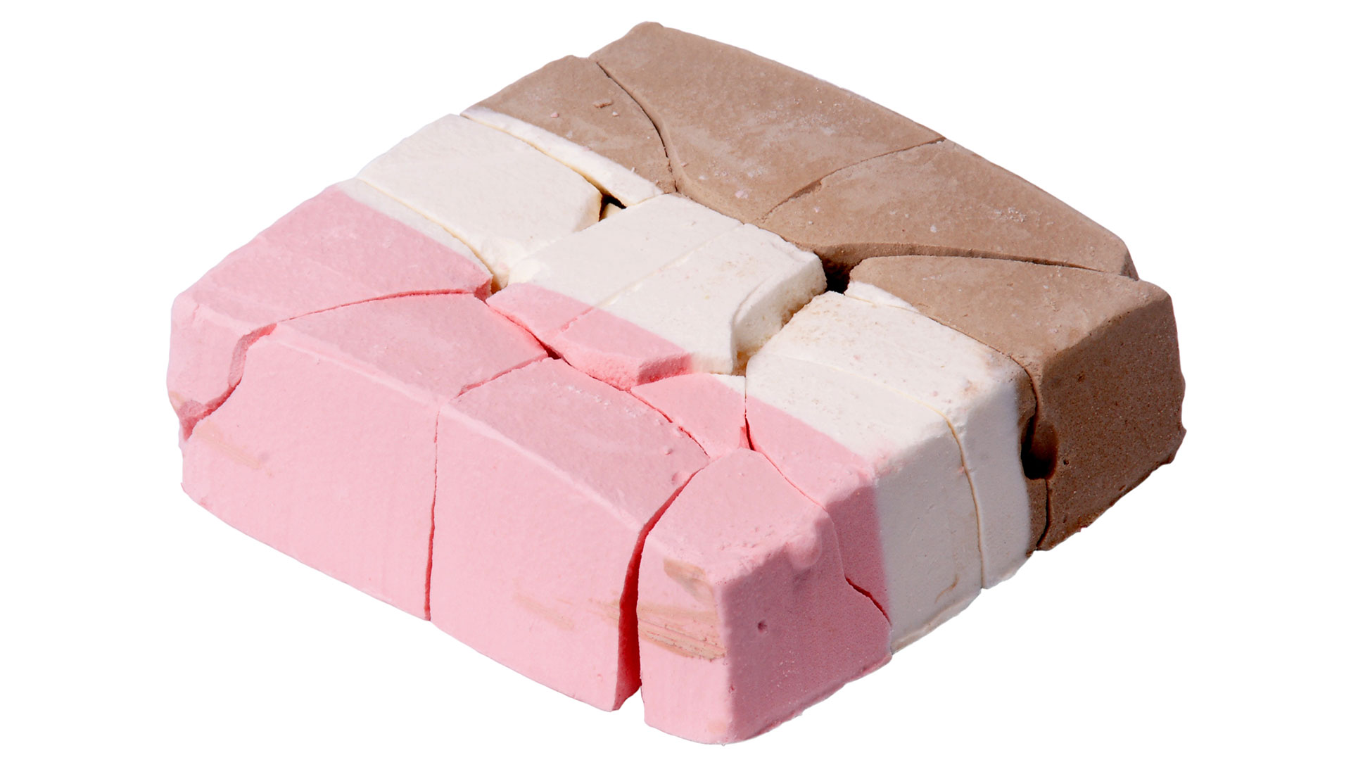 closeup of a slice of freeze-dried neapolitan ice cream, showing its strawberry, vanilla and chocolate sections