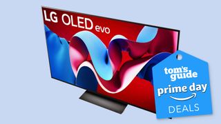 LG C4 OLED TV shown from angle with Prime Day deals badge