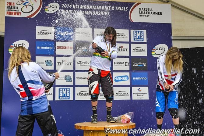 Champagne shower for Rachel Atherton, Manon Carpenter, Tahnee Seagrave.