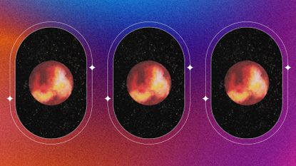mars direct january 2023 feature image; three mars planets on a multicolored background