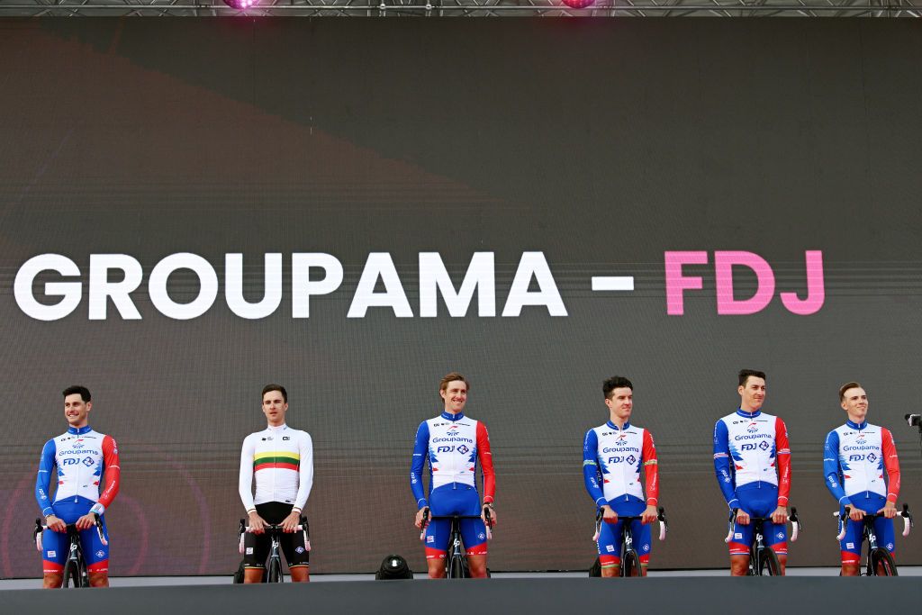 BUDAPEST HUNGARY MAY 04 LR Jacopo Guarnieri of Italy Ignatas Konovalovas of Lithuania Tobias Ludvigsson of Sweden Miles Scotson of Australia Ramon Sinkeldam of Netherlands and Attila Valter of Hungary and Team Groupama FDJ during the Team Presentation of the 105th Giro dItalia 2022 at Heroes Square Giro WorldTour on May 04 2022 in Budapest Hungary Photo by Stuart FranklinGetty Images