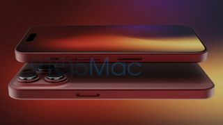 En iPhone 15 Pro i den nya ryktade färgen mot en mörkröd och gul bakgrund.