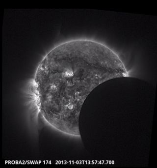 November 2013 Hybrid Solar Eclipse Seen by Proba-2 Satellite