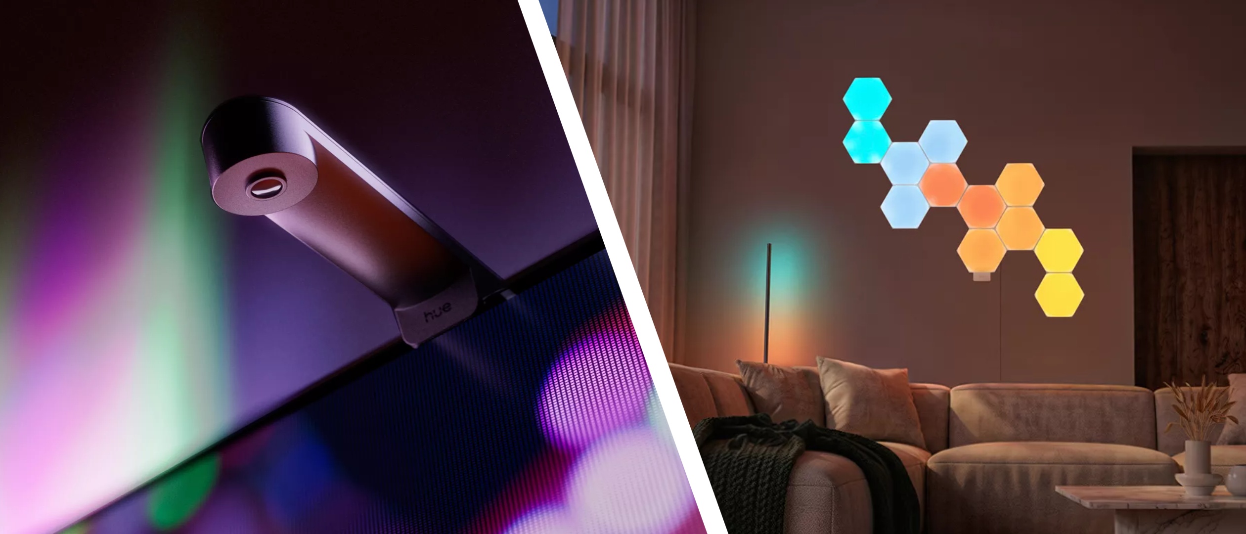 Split image of Philips Hue Screen Sync camera mounted on TV and Philips Hue Nanoleaf panels on wall
