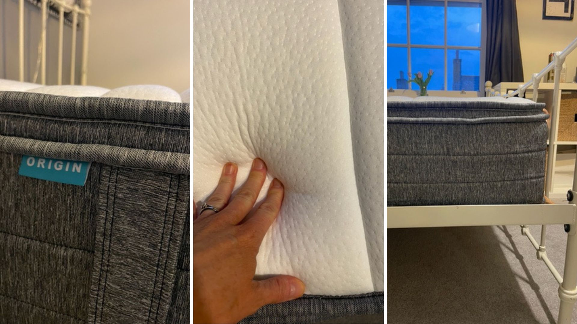 Three images of the Origin Hybrid Mattress being tested for firmness and for the edge of the bed